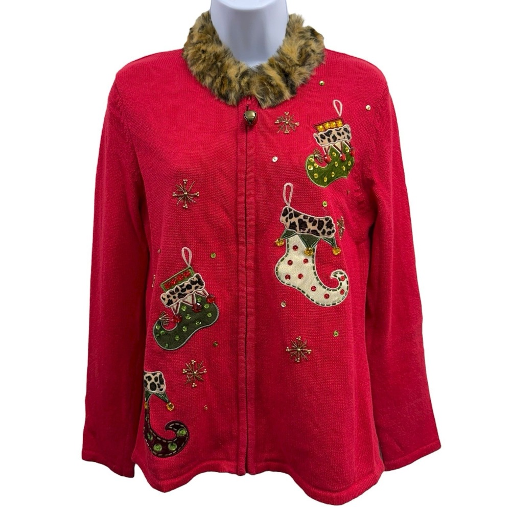 VTG Heirloom‎ Collectibles Womens M Christmas Red Applique Sweater Full Zip Fur